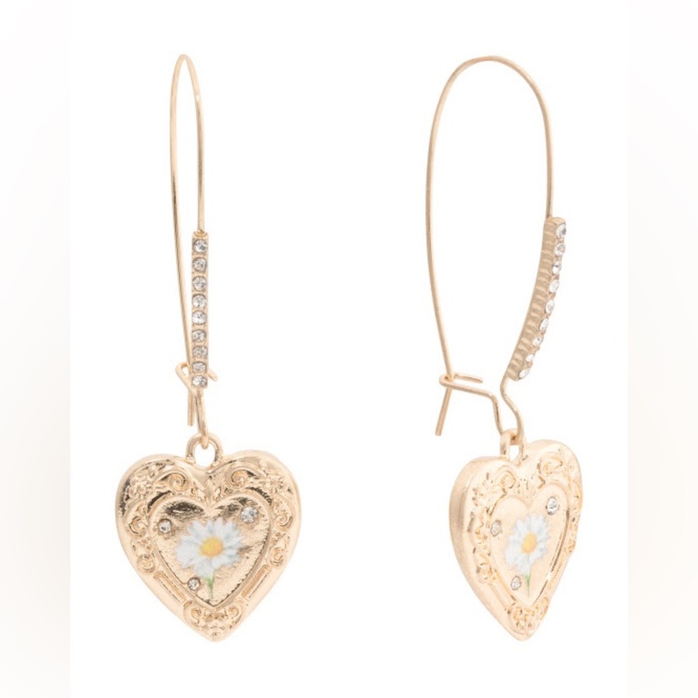 Betsey Johnson Gold Heart Drop Earrings with Daisy Detail NWT